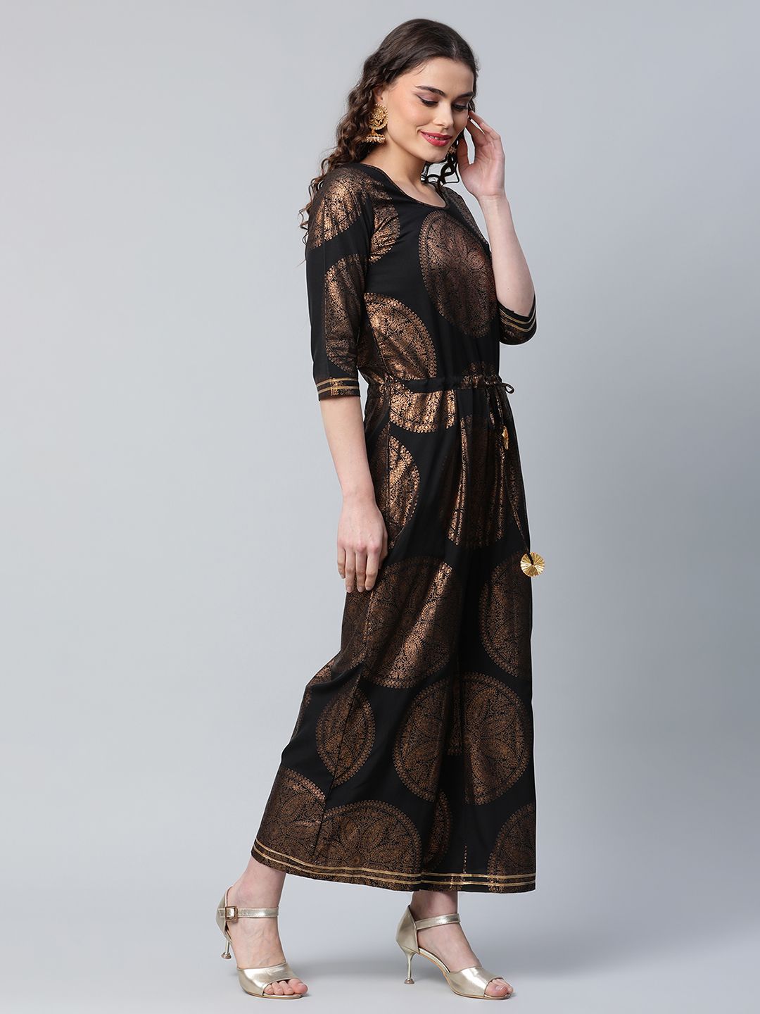 Black Crepe Copper Foil Printed Jumpsuit