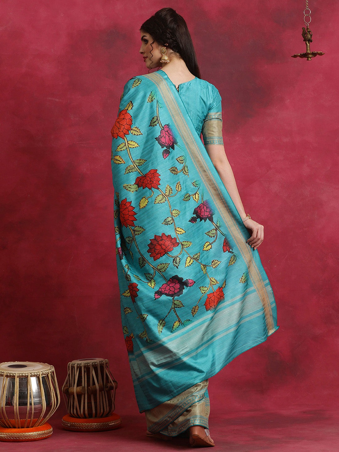 Cotton Blend Blue Printed Designer Saree With Blouse