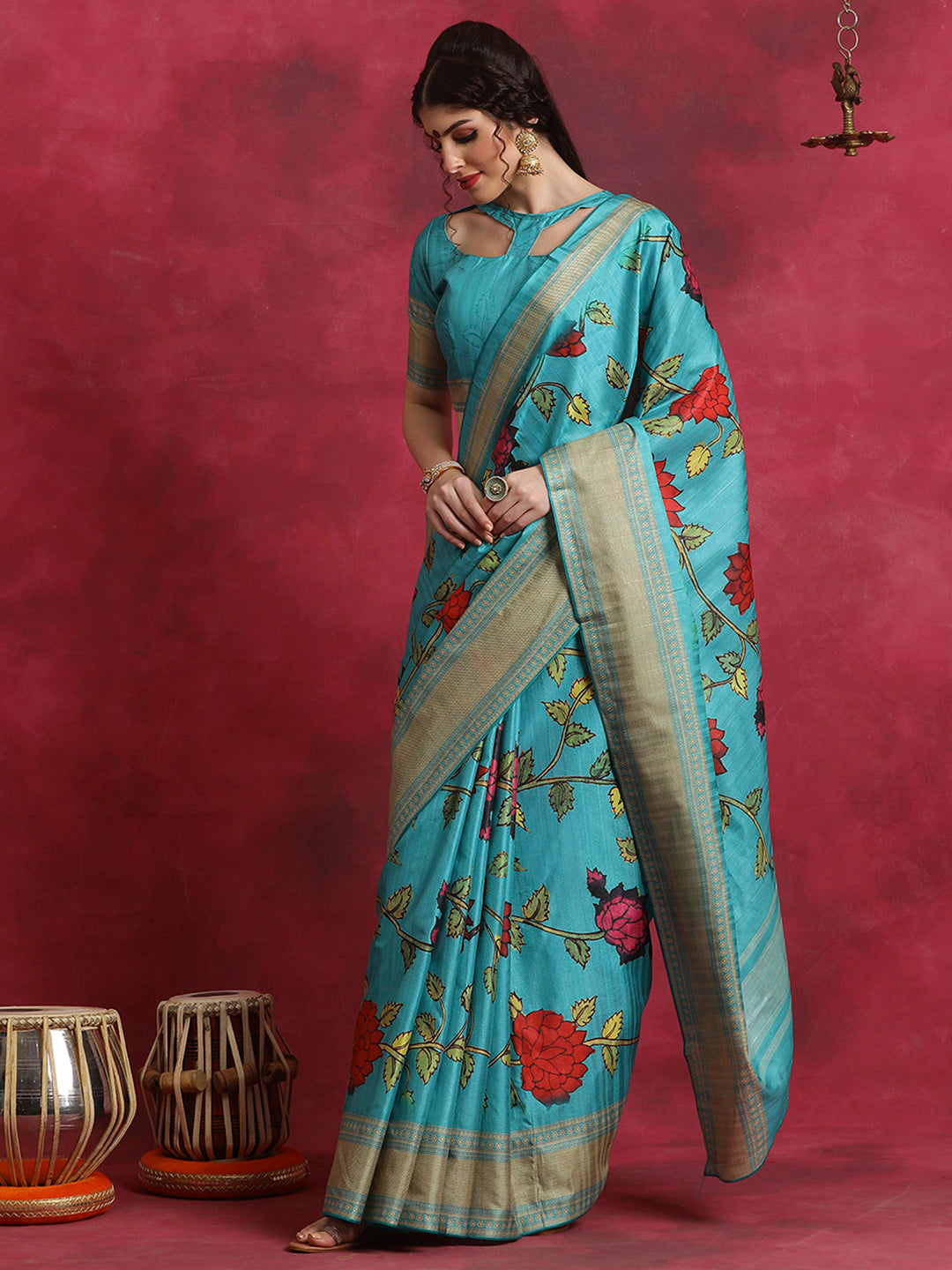 Cotton Blend Blue Printed Designer Saree With Blouse