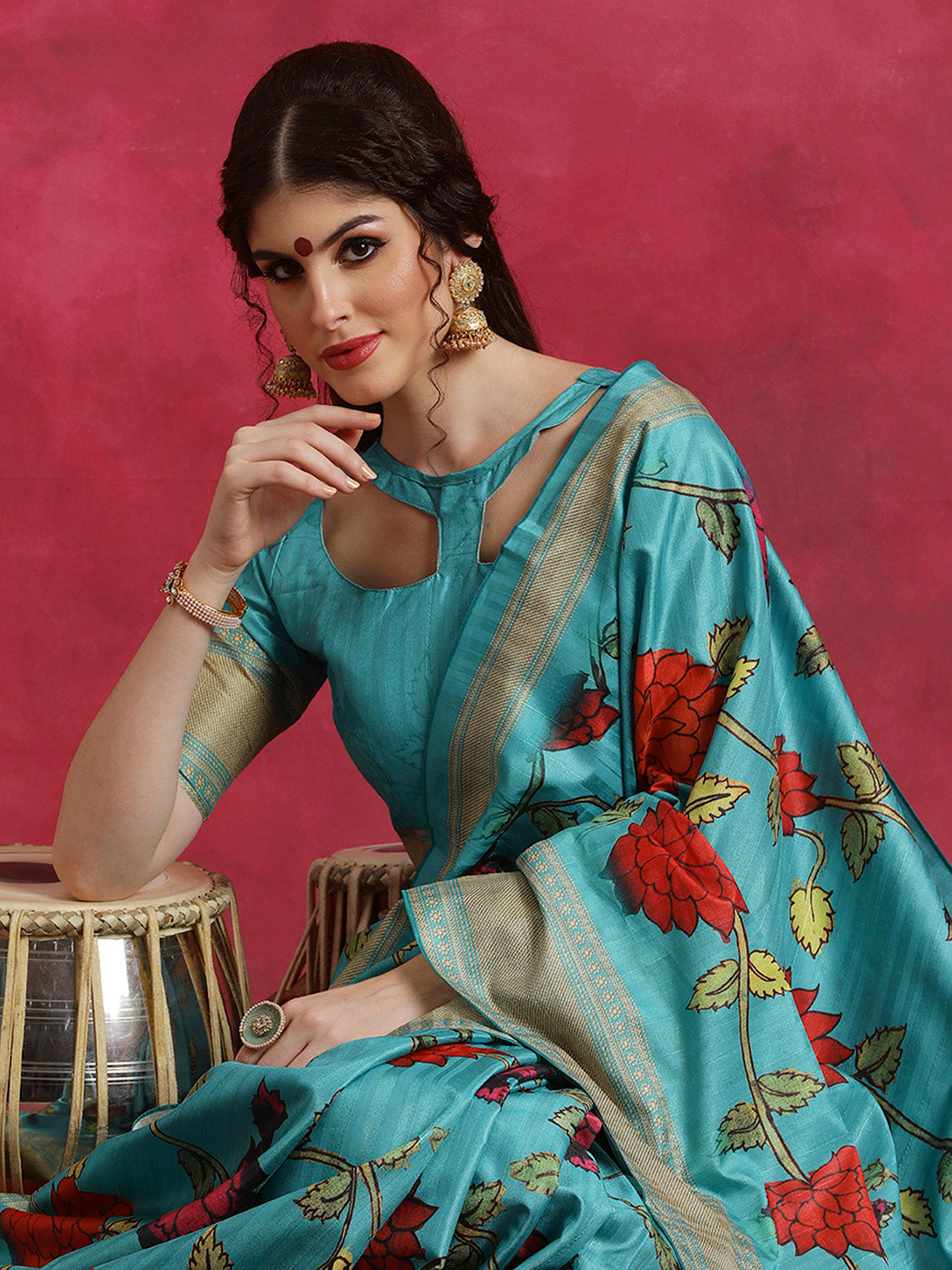 Cotton Blend Blue Printed Designer Saree With Blouse