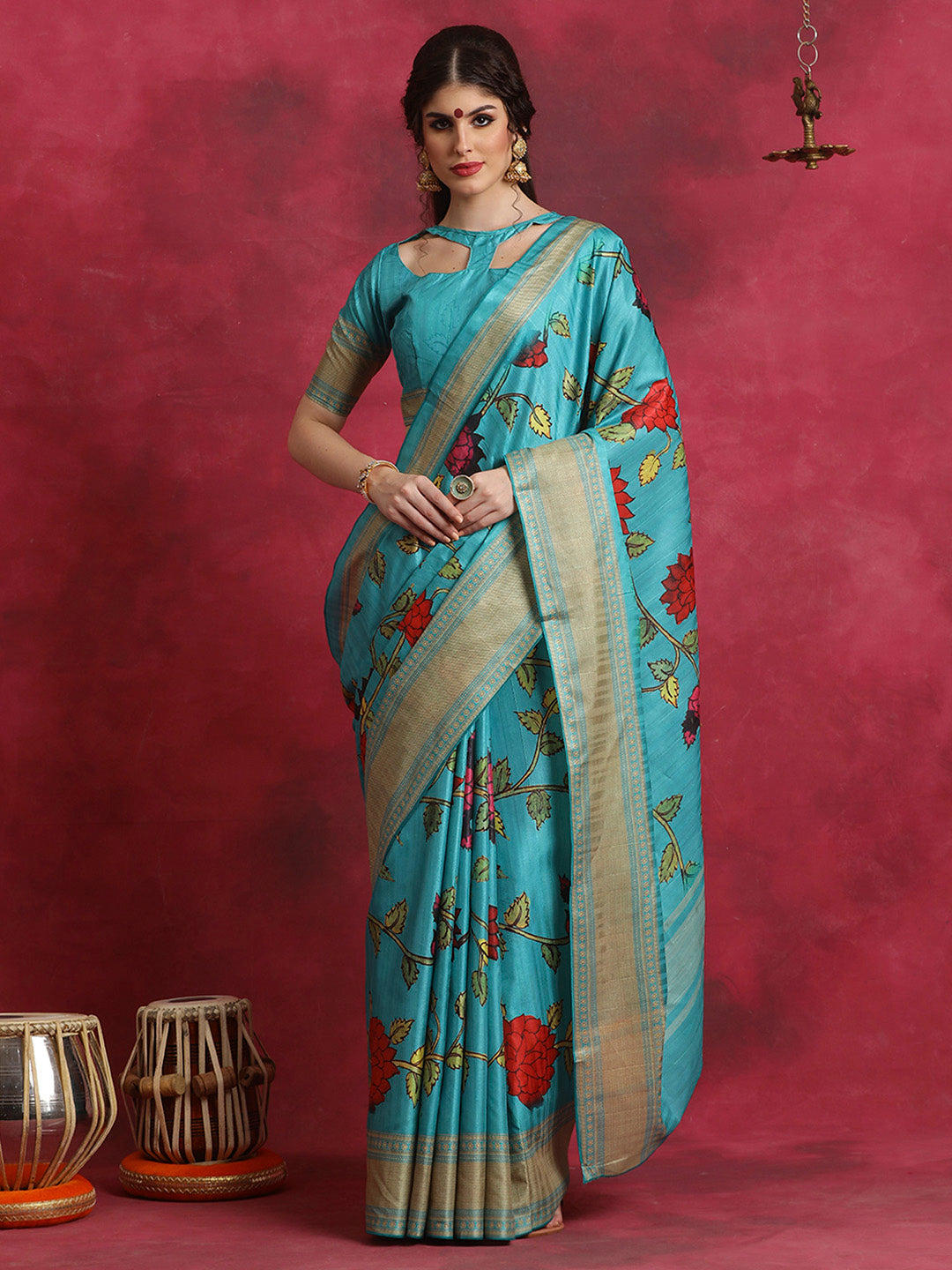 Cotton Blend Blue Printed Designer Saree With Blouse