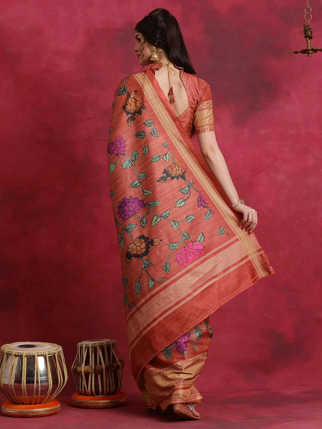 Cotton Blend Rust Printed Designer Saree With Blouse