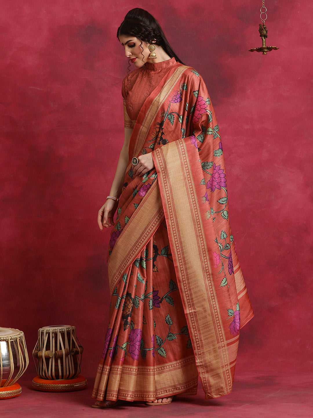 Cotton Blend Rust Printed Designer Saree With Blouse