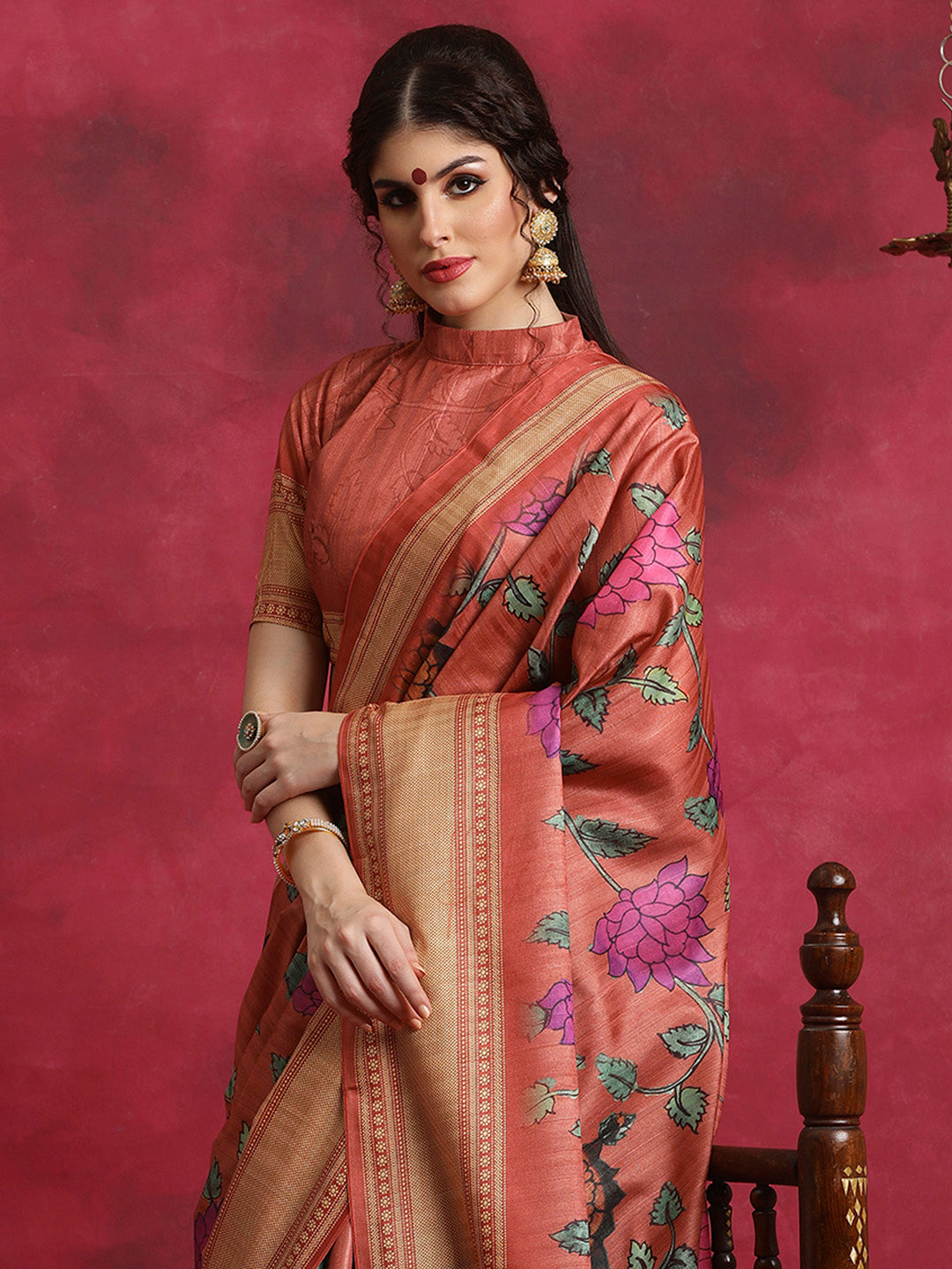 Cotton Blend Rust Printed Designer Saree With Blouse