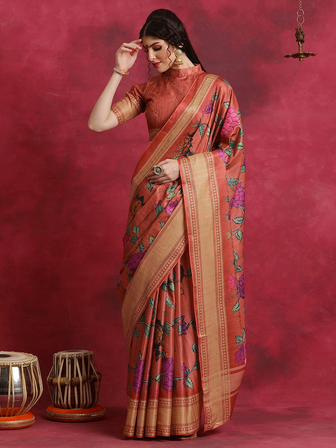 Cotton Blend Rust Printed Designer Saree With Blouse