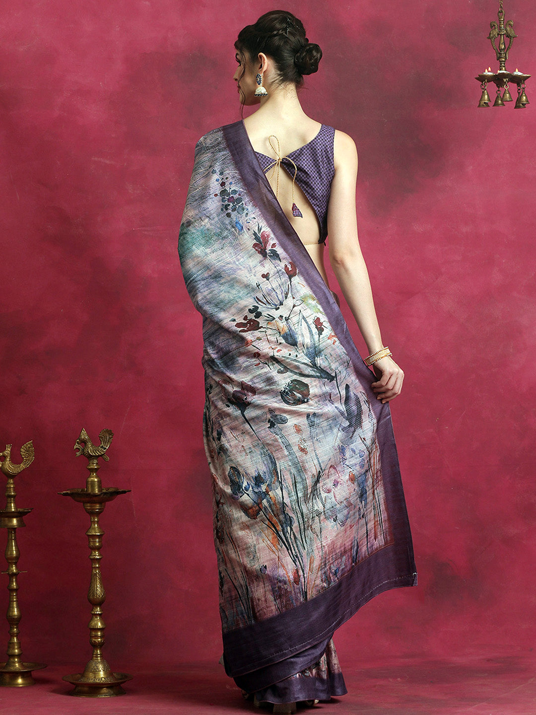 Cotton Blend Violet Printed Designer Saree With Blouse