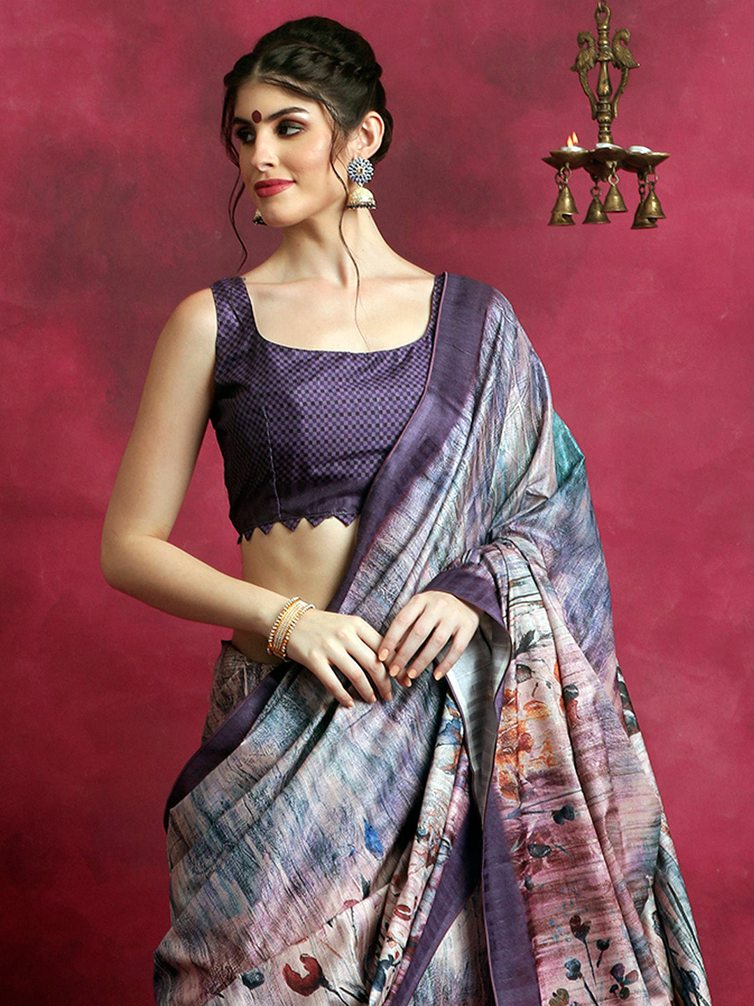Cotton Blend Violet Printed Designer Saree With Blouse