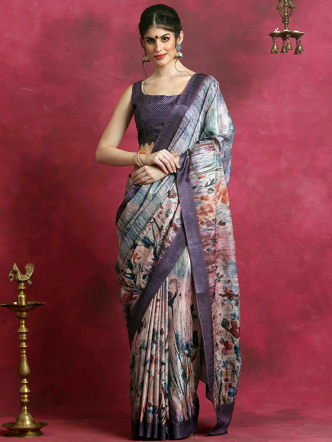 Cotton Blend Violet Printed Designer Saree With Blouse