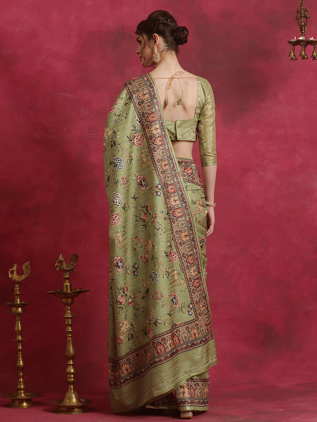 Cotton Blend Olive Printed Designer Saree With Blouse