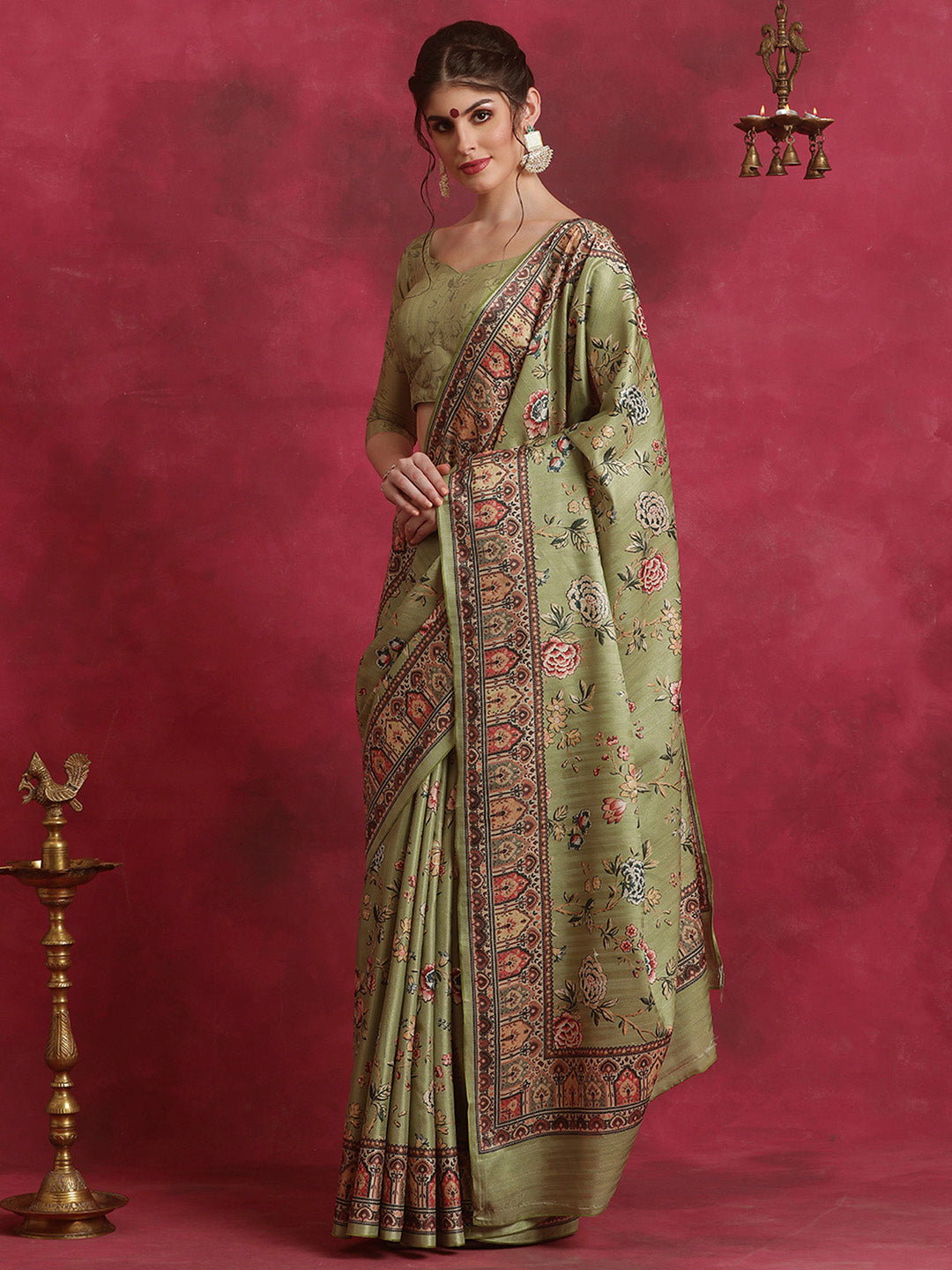 Cotton Blend Olive Printed Designer Saree With Blouse