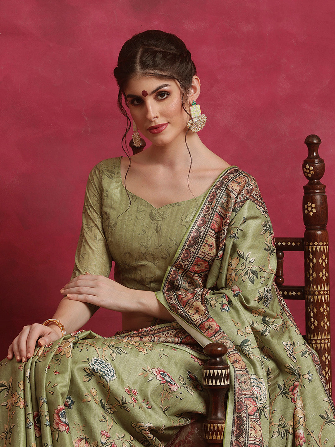 Cotton Blend Olive Printed Designer Saree With Blouse
