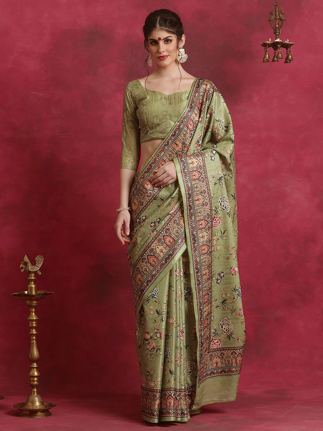 Cotton Blend Olive Printed Designer Saree With Blouse