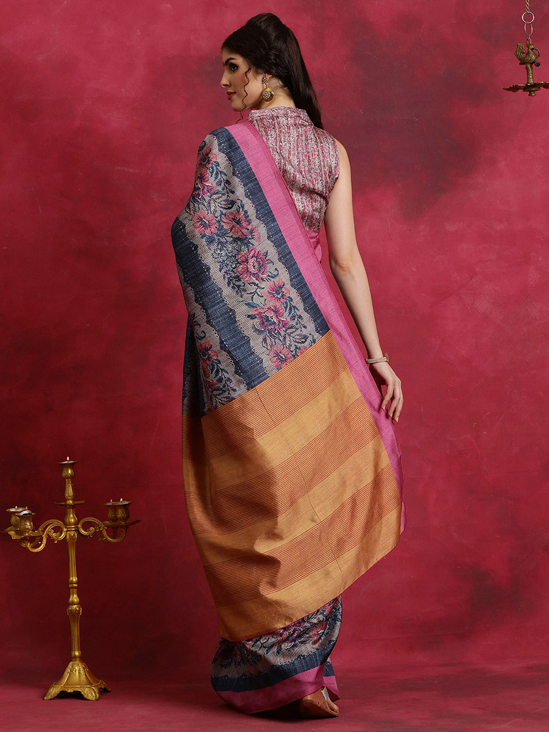 Cotton Blend Navy Blue Printed Designer Saree With Blouse