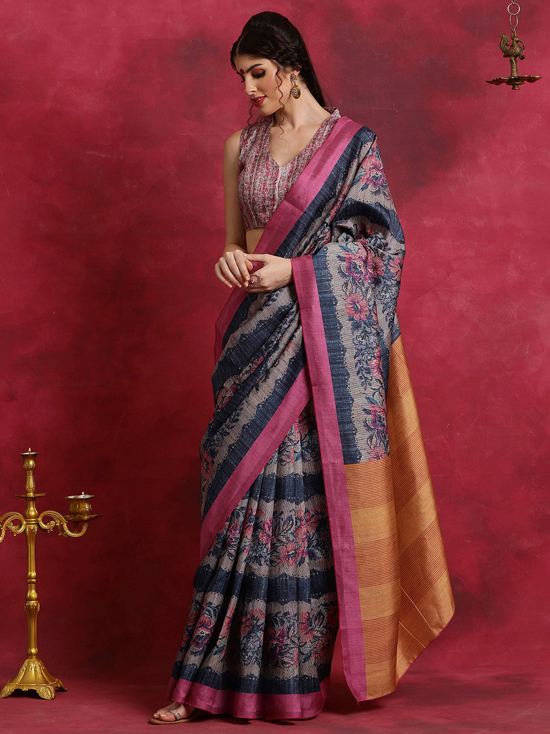 Cotton Blend Navy Blue Printed Designer Saree With Blouse