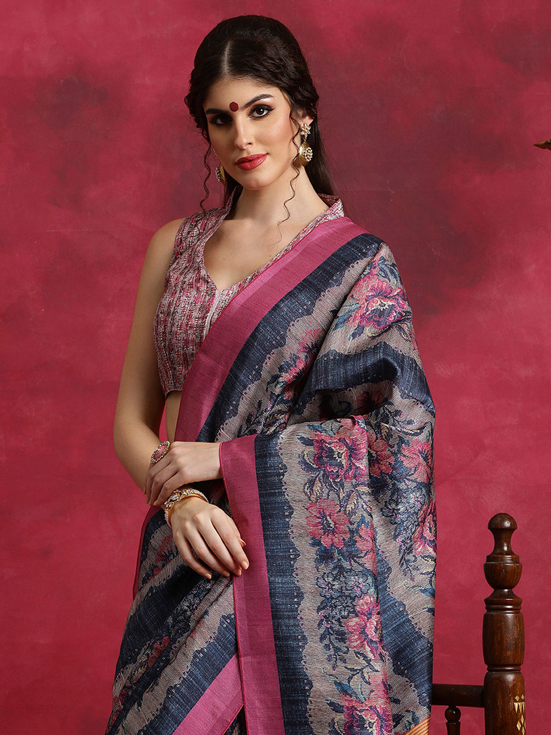 Cotton Blend Navy Blue Printed Designer Saree With Blouse
