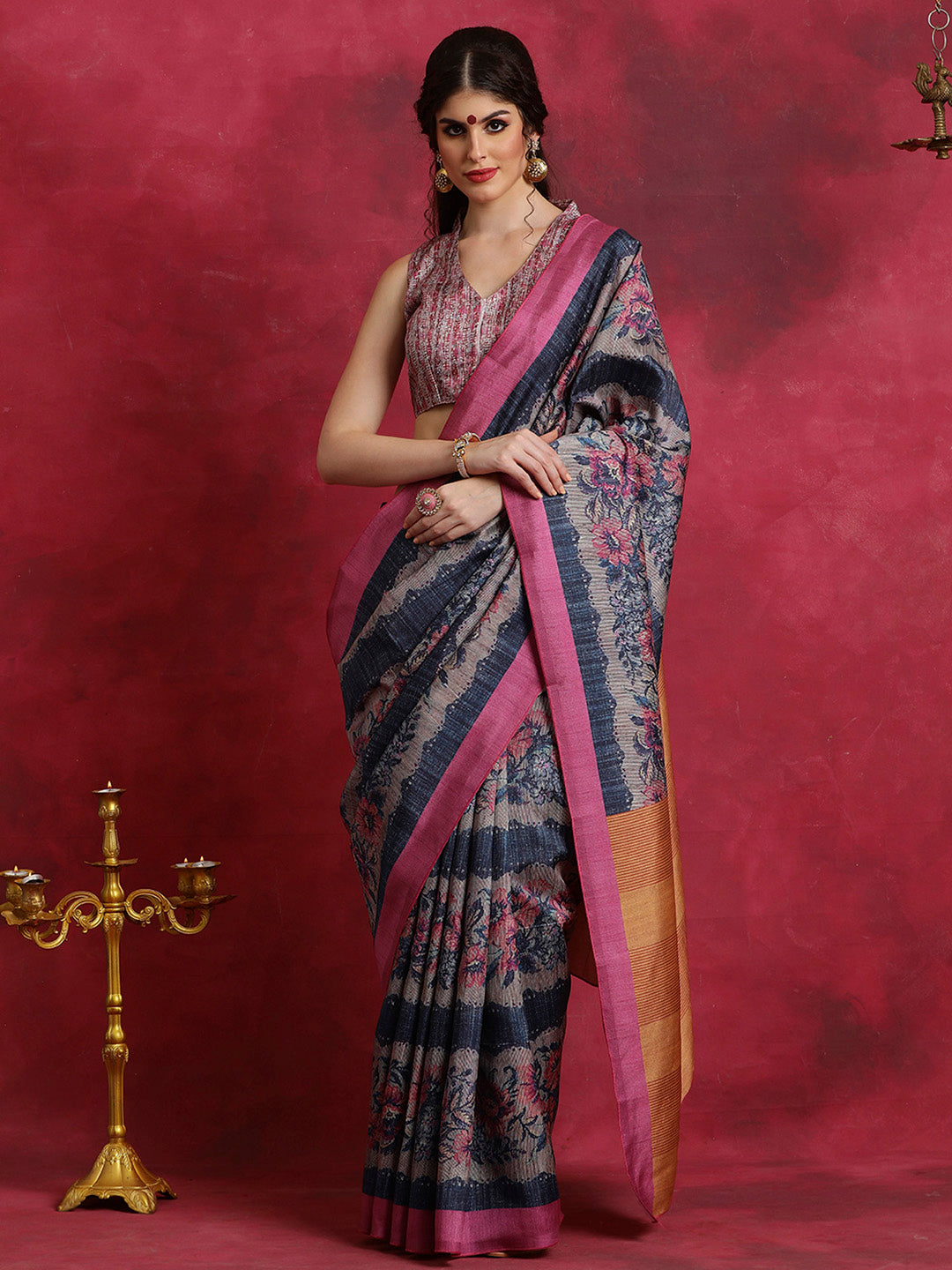 Cotton Blend Navy Blue Printed Designer Saree With Blouse