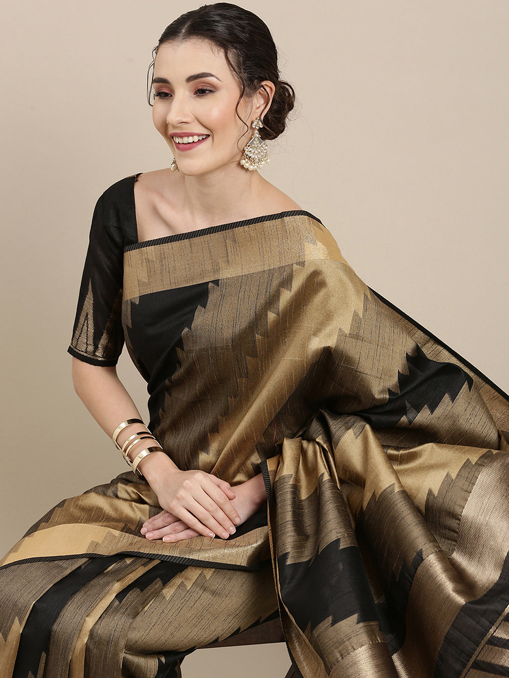 Cotton Silk Black WovenDesign HandloomSaree With Blouse Piece