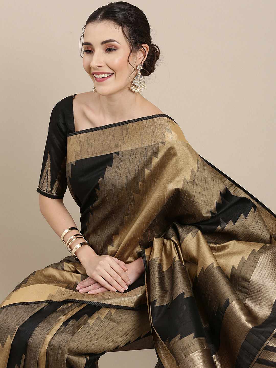 Cotton Silk Black WovenDesign HandloomSaree With Blouse Piece