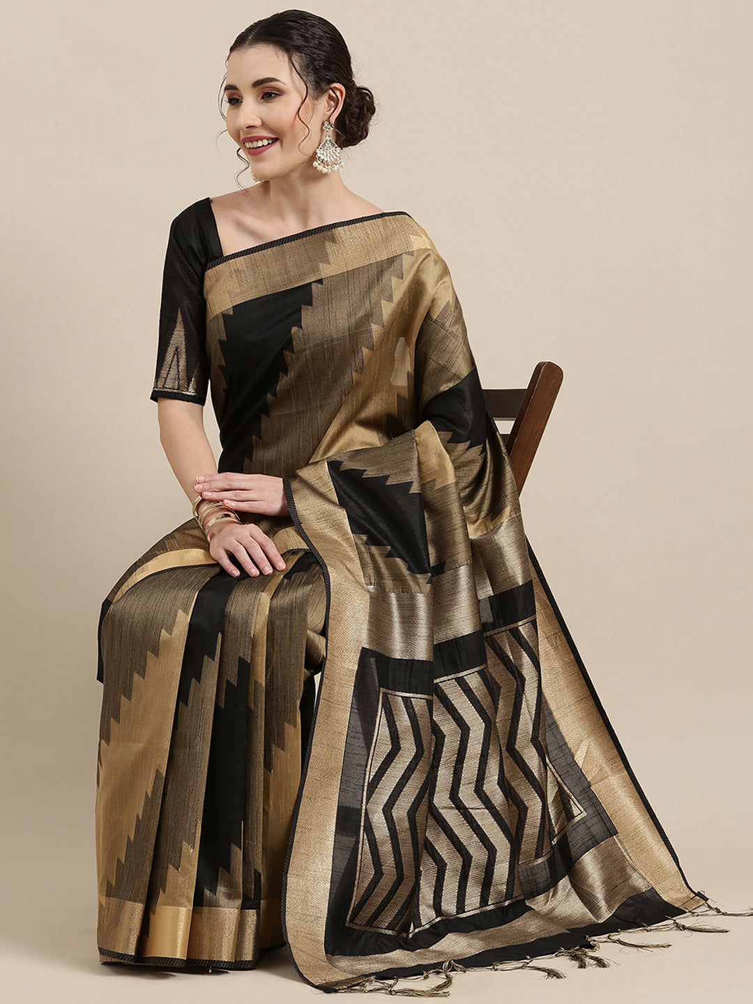 Cotton Silk Black WovenDesign HandloomSaree With Blouse Piece