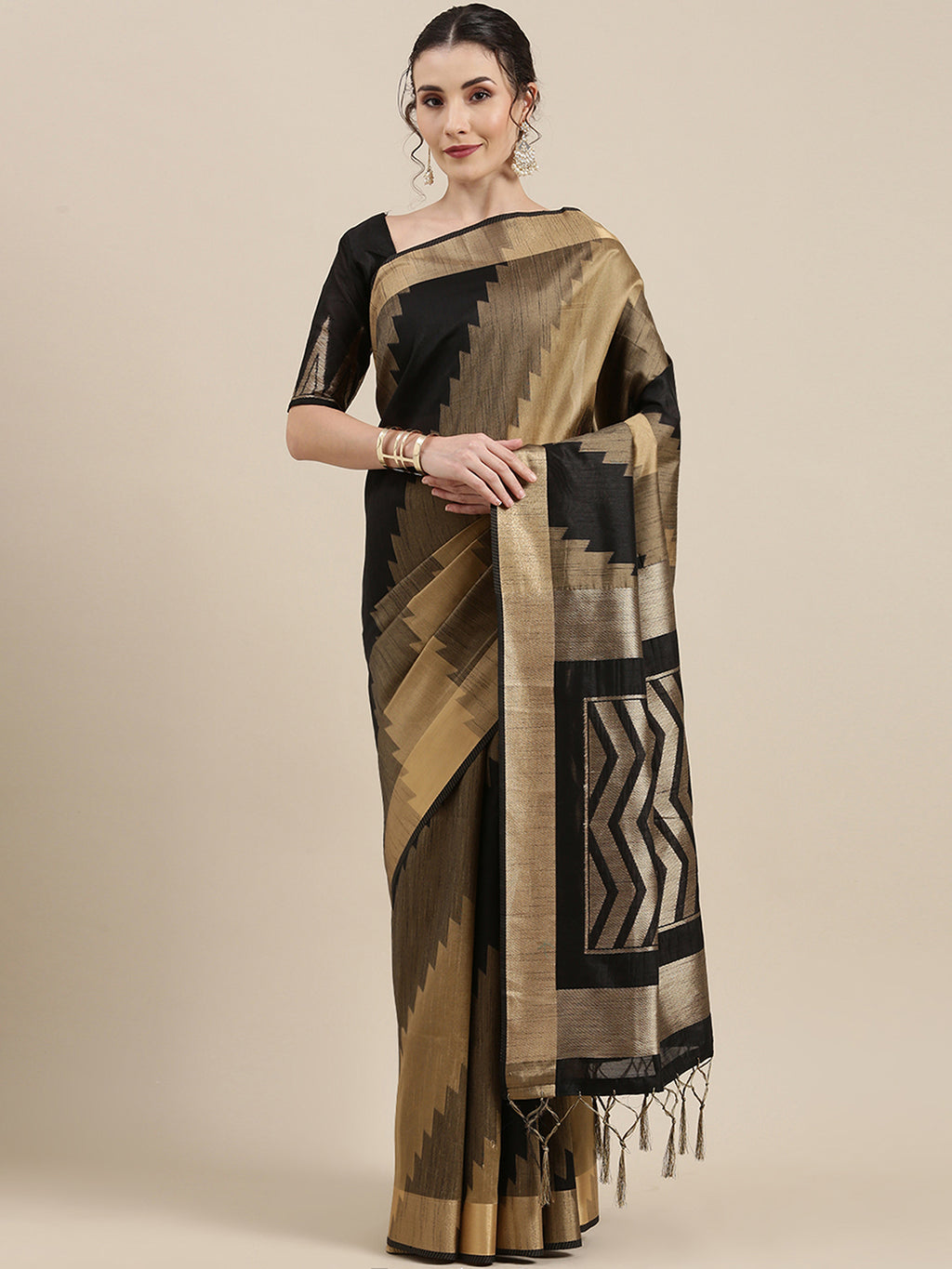 Cotton Silk Black WovenDesign HandloomSaree With Blouse Piece