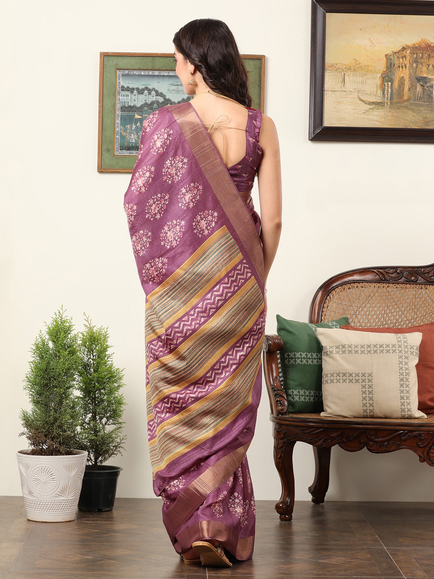 Silk Blend Magenta Printed Designer Saree With Blouse