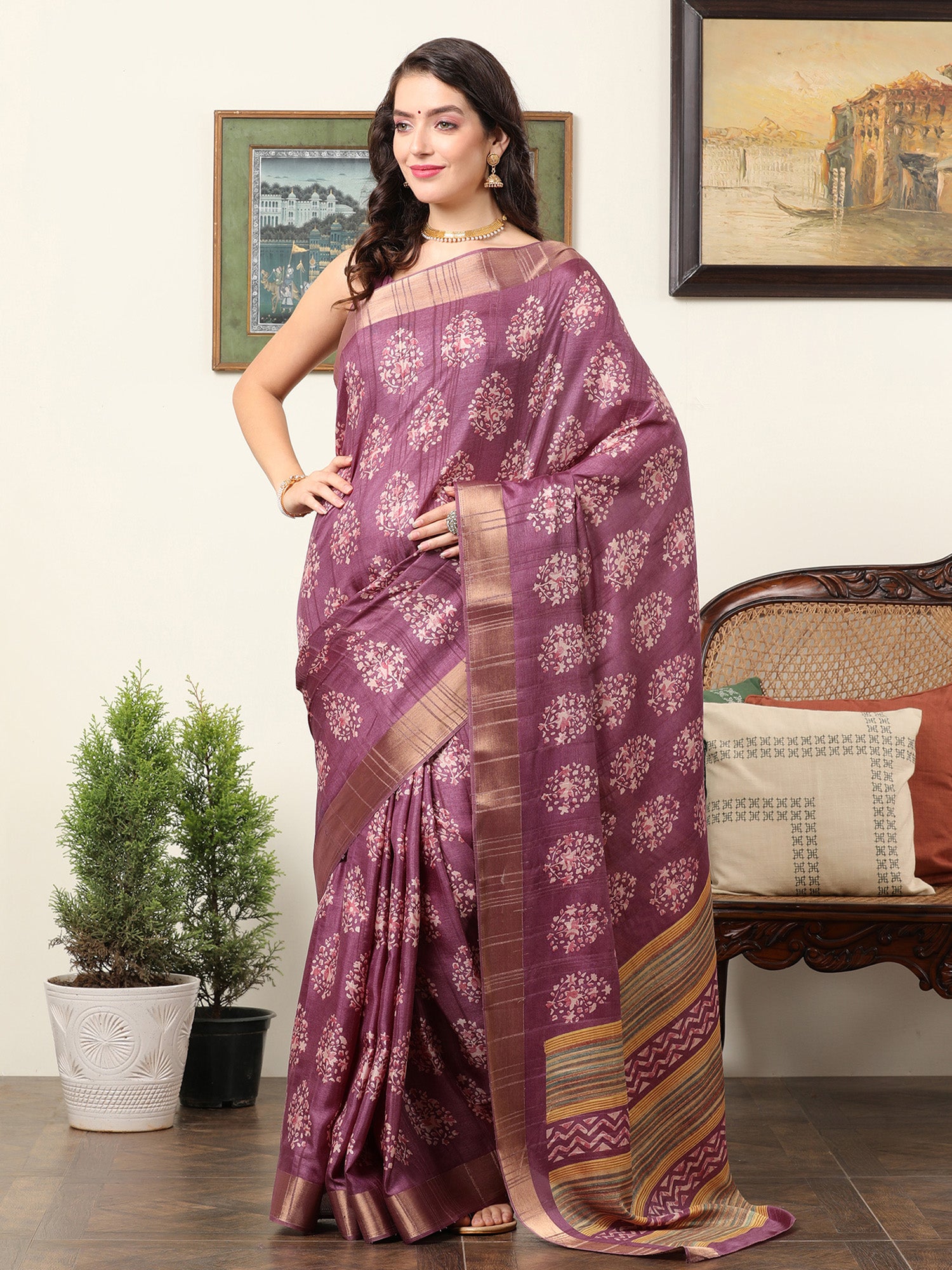 Silk Blend Magenta Printed Designer Saree With Blouse