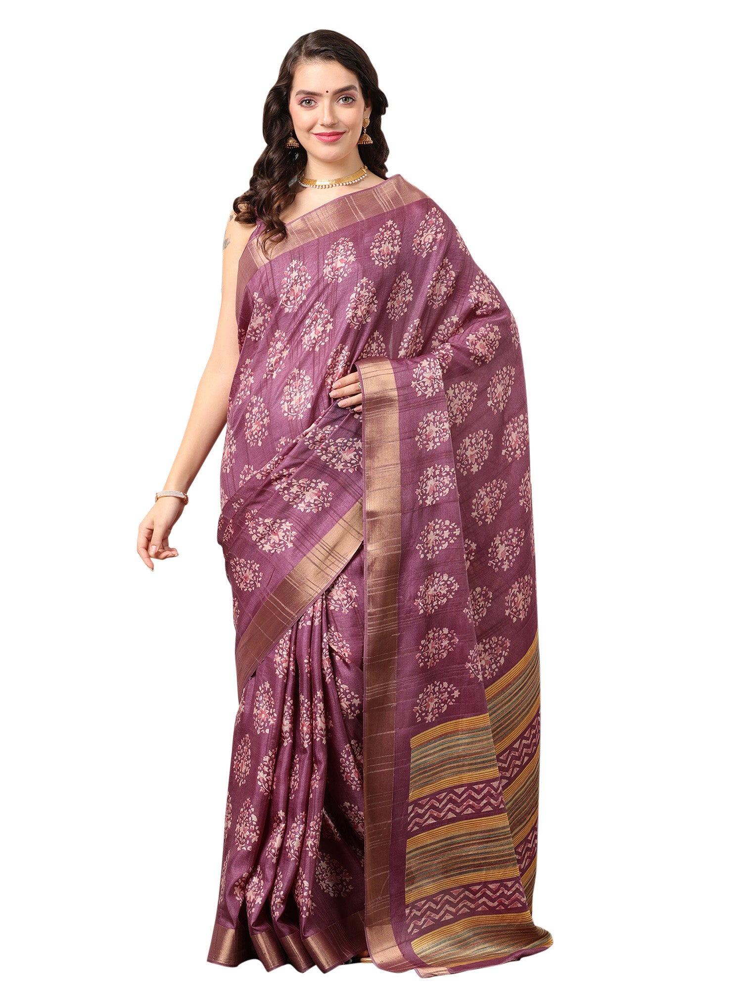 Silk Blend Magenta Printed Designer Saree With Blouse
