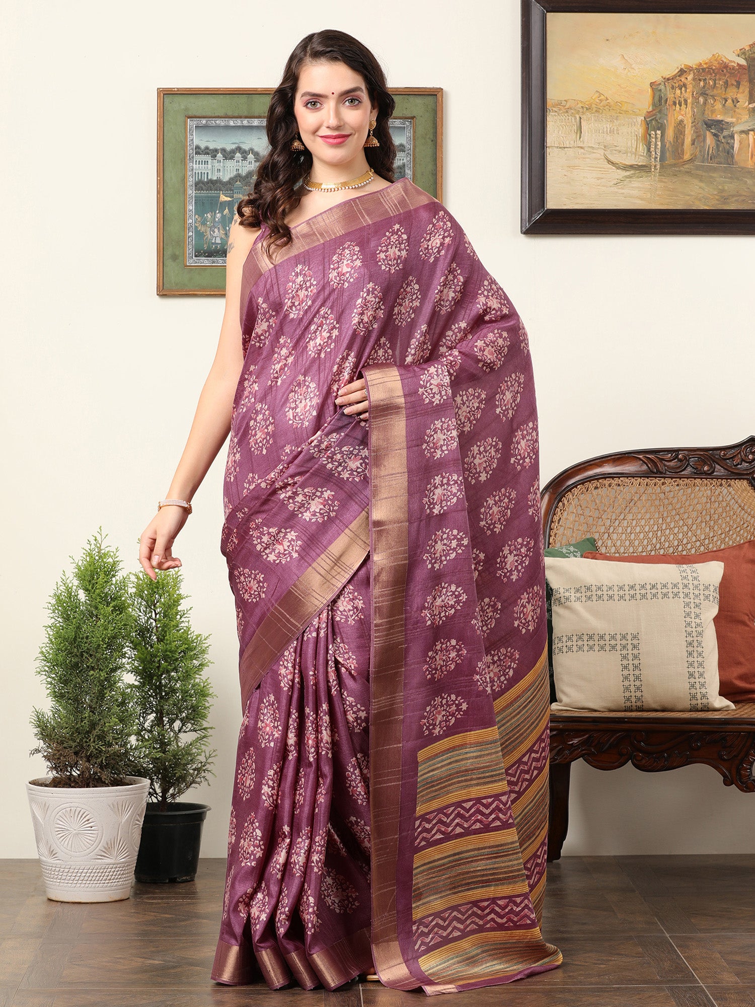 Silk Blend Magenta Printed Designer Saree With Blouse