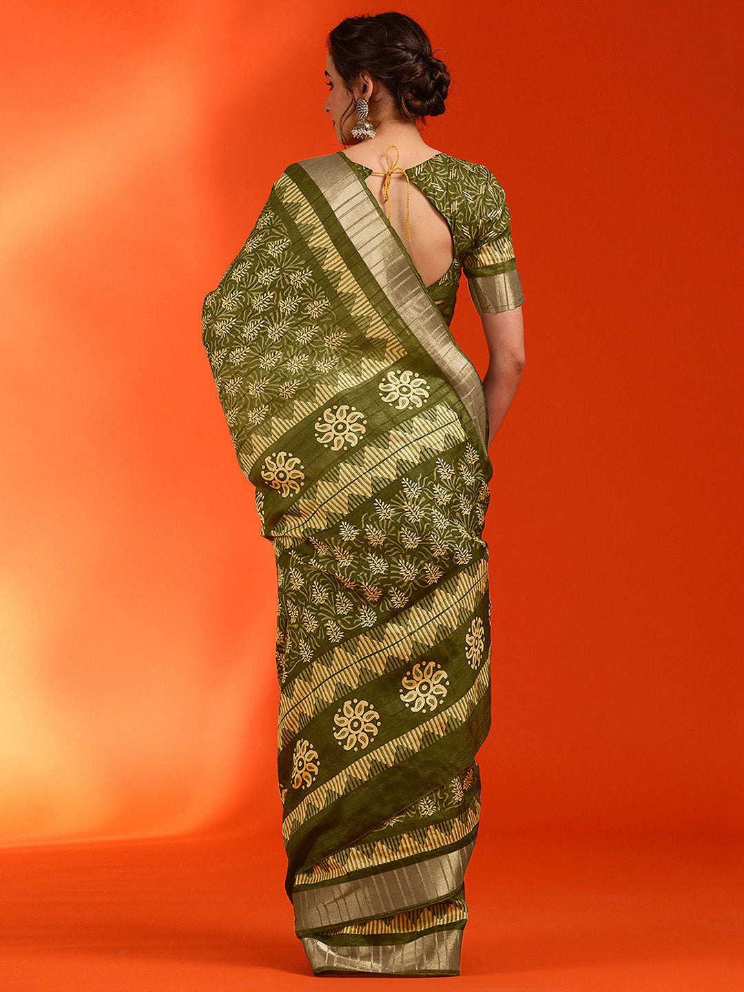 Cotton Silk Olive Printed Designer Saree With Blouse