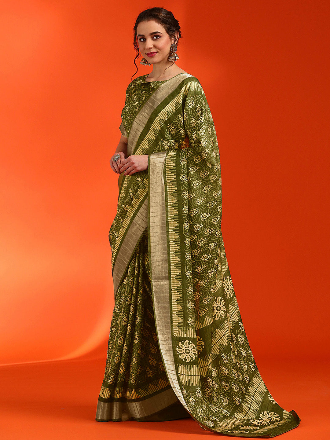 Cotton Silk Olive Printed Designer Saree With Blouse