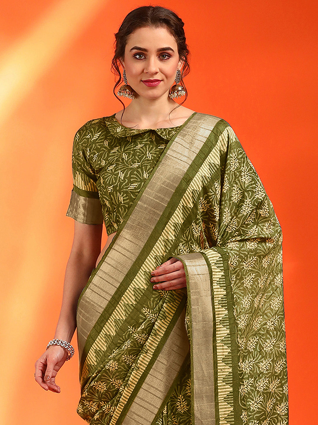 Cotton Silk Olive Printed Designer Saree With Blouse