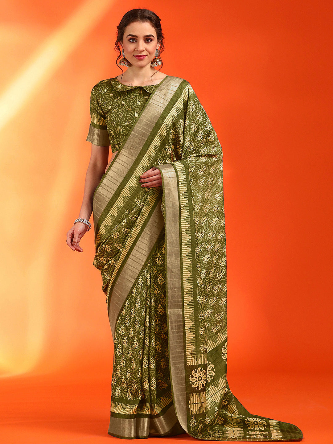 Cotton Silk Olive Printed Designer Saree With Blouse