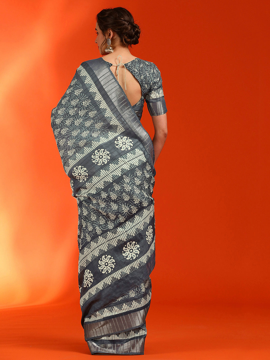 Cotton Silk Grey Printed Designer Saree With Blouse