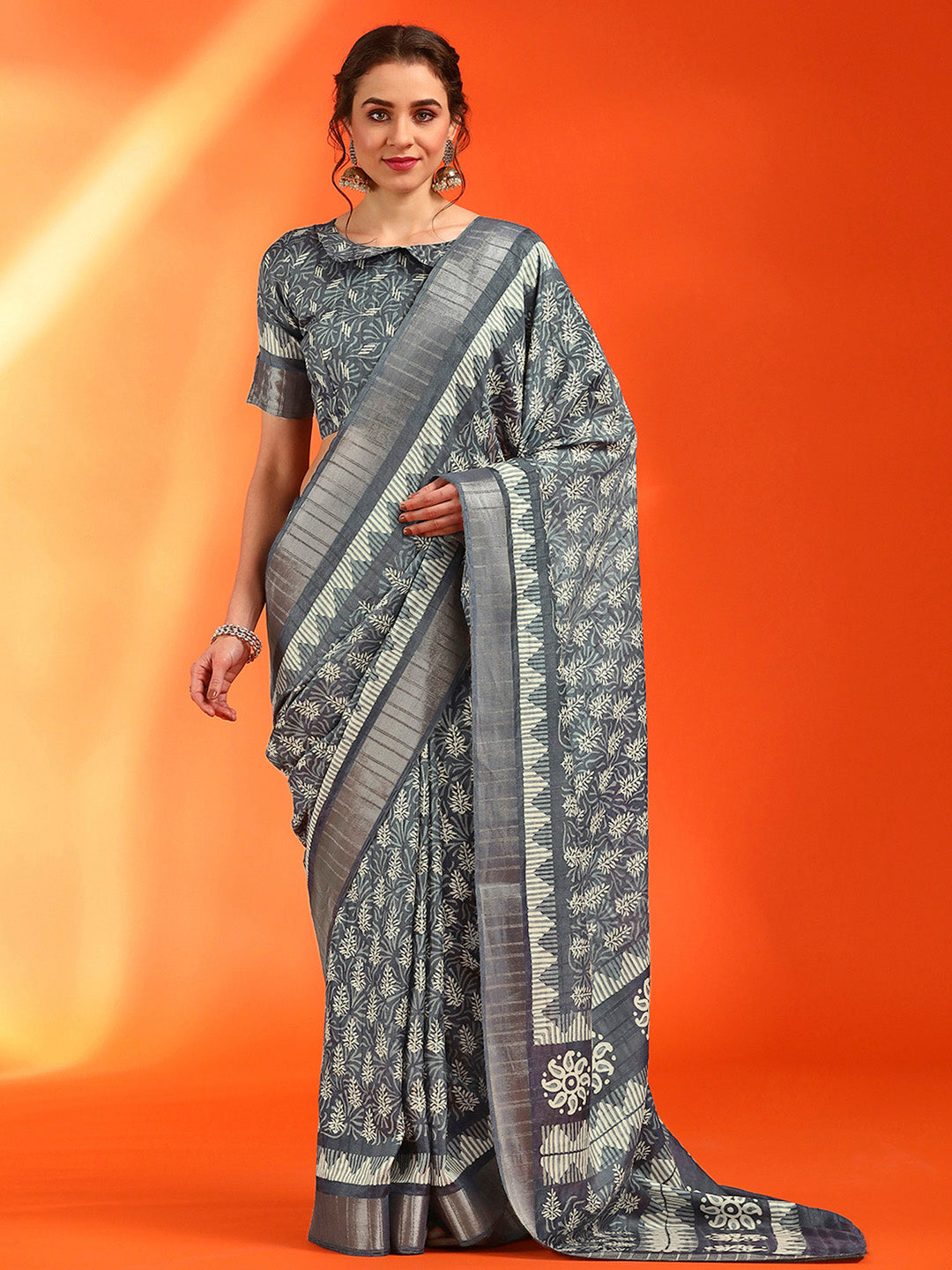 Cotton Silk Grey Printed Designer Saree With Blouse