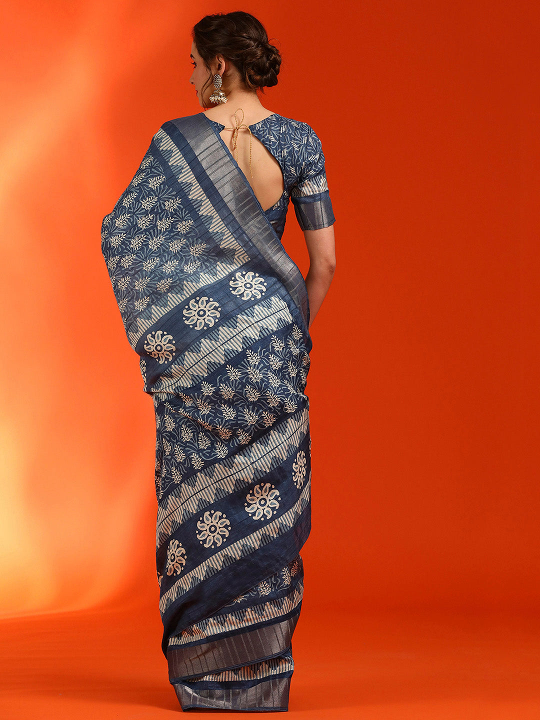 Cotton Silk Navy Blue Printed Designer Saree With Blouse