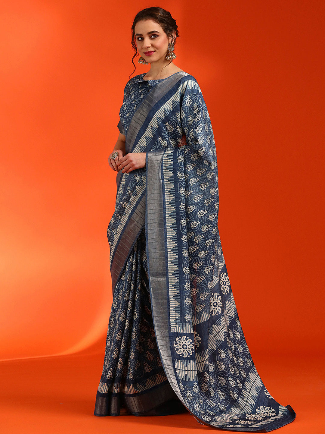 Cotton Silk Navy Blue Printed Designer Saree With Blouse