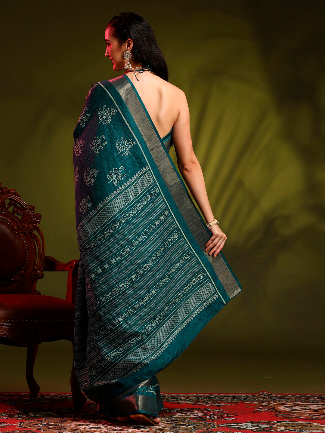 Silk Blend Teal blue Printed Designer Saree With Blouse