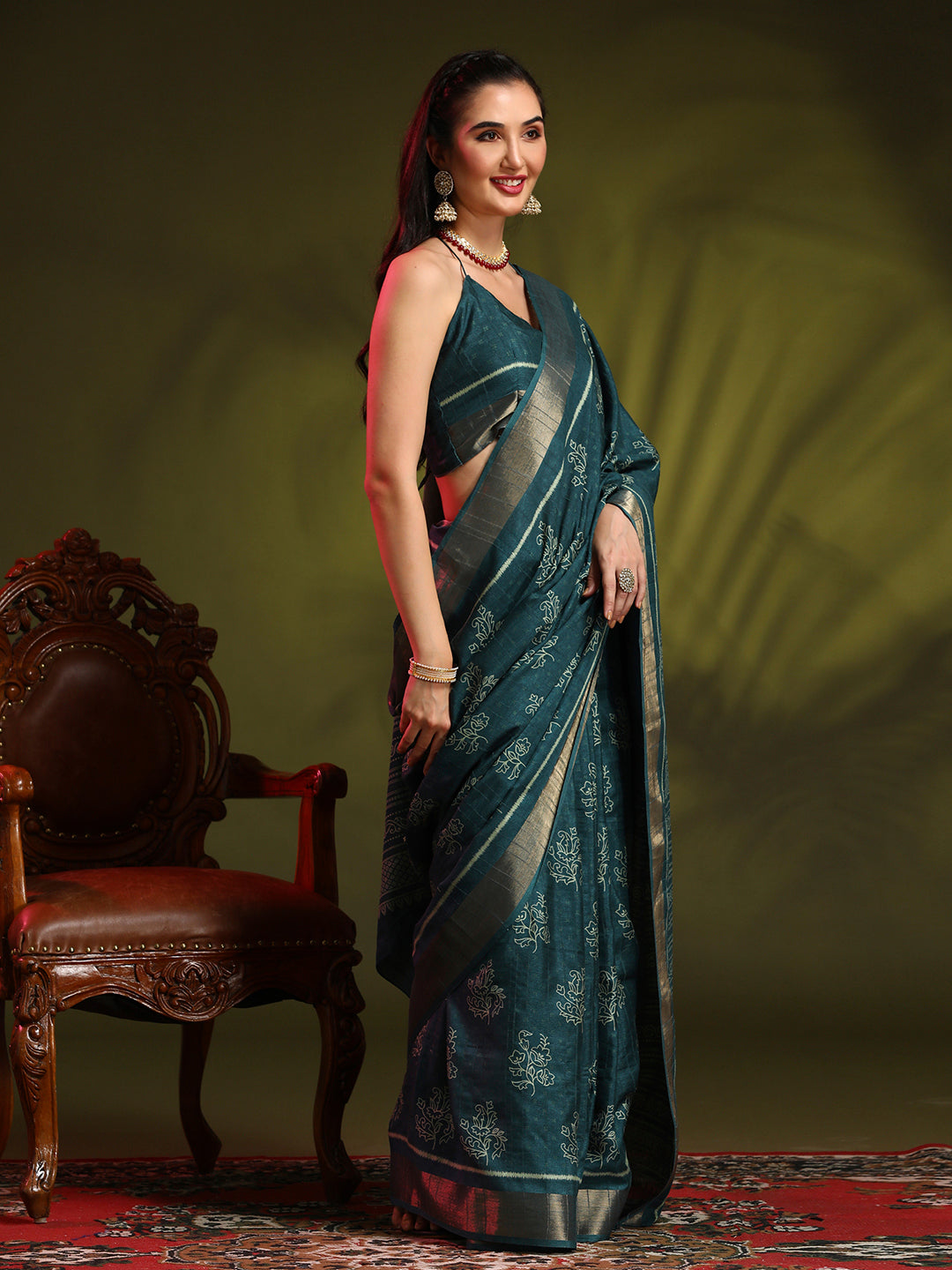 Silk Blend Teal blue Printed Designer Saree With Blouse