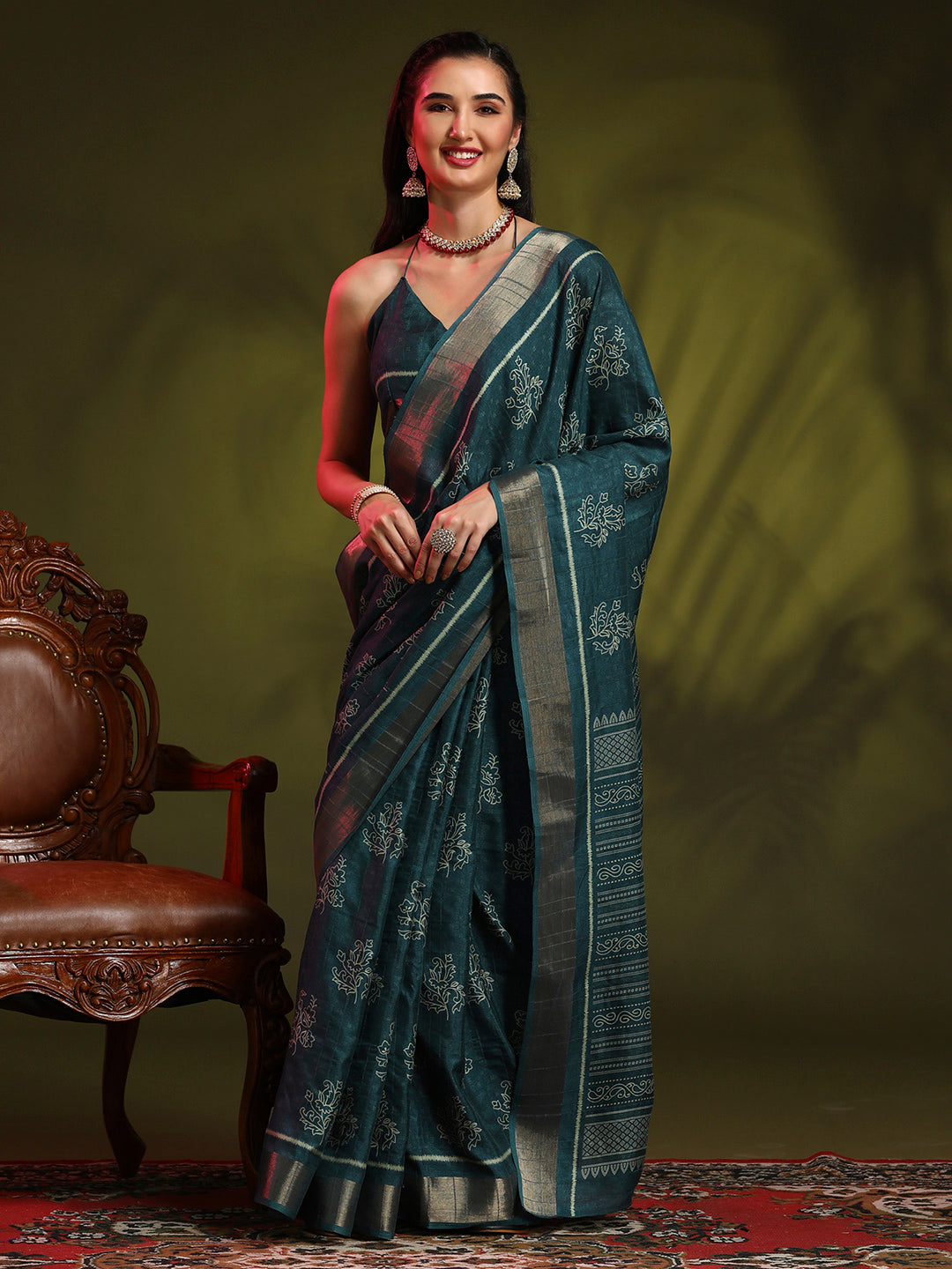 Silk Blend Teal blue Printed Designer Saree With Blouse