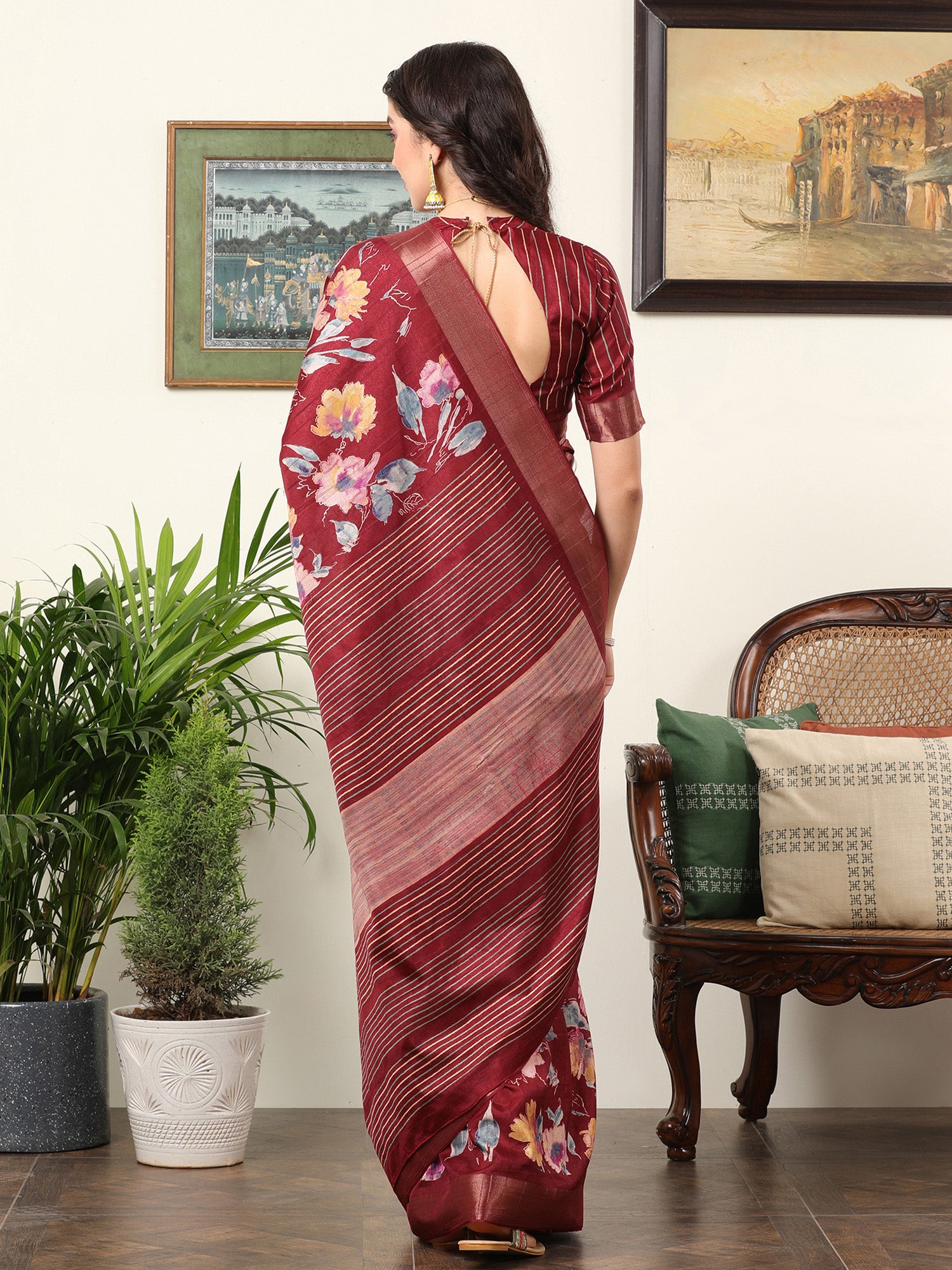 Silk Blend Maroon Printed Designer Saree With Blouse