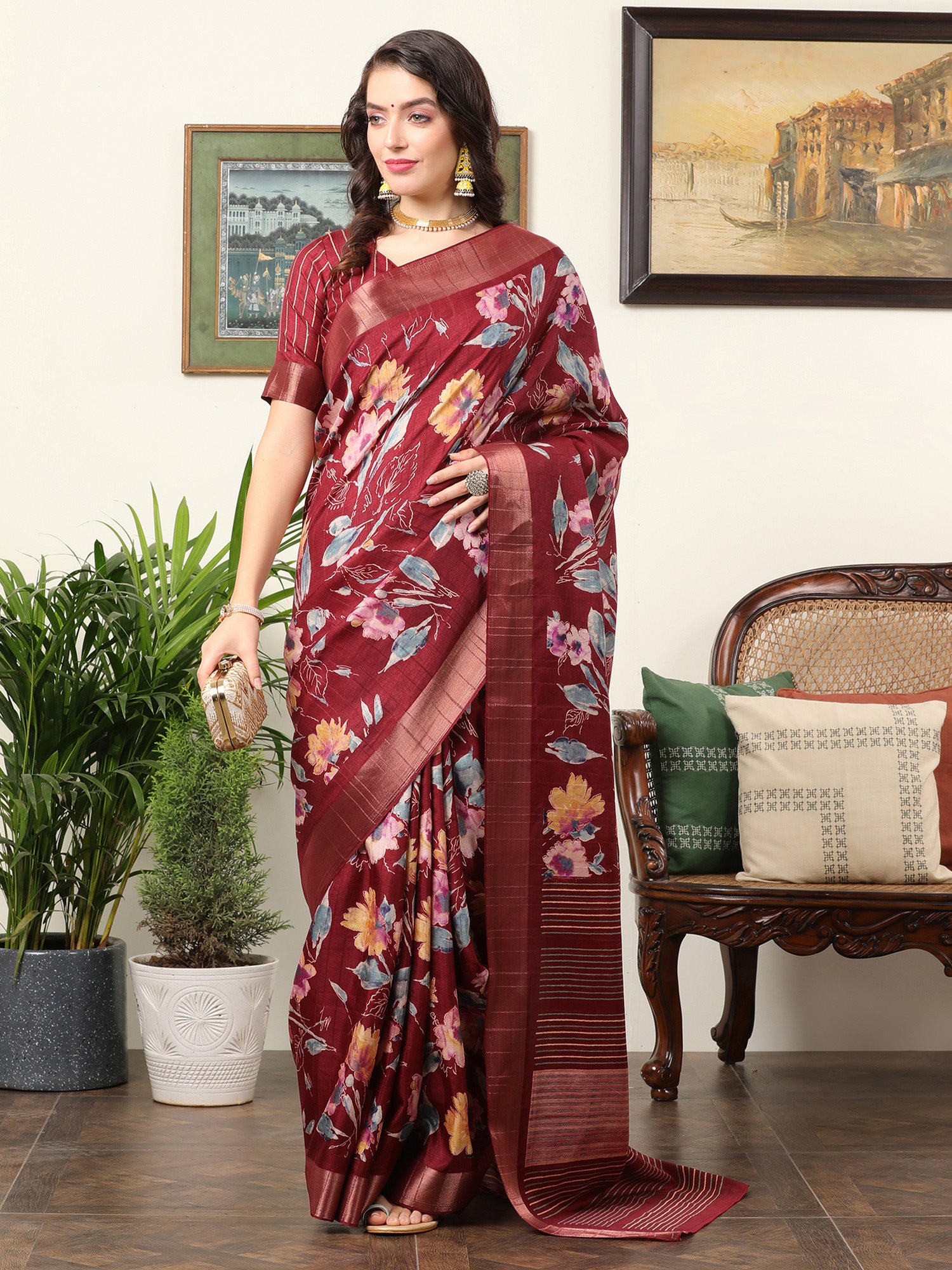 Silk Blend Maroon Printed Designer Saree With Blouse