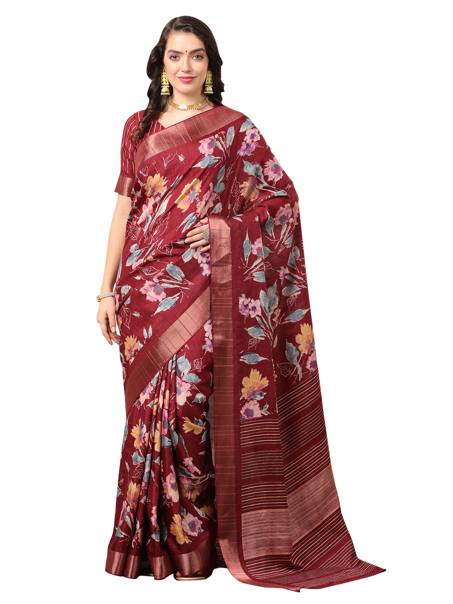 Silk Blend Maroon Printed Designer Saree With Blouse