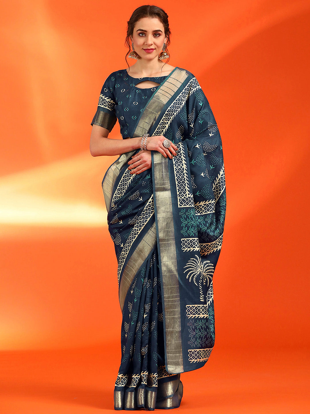 Cotton Silk Teal blue Printed Designer Saree With Blouse