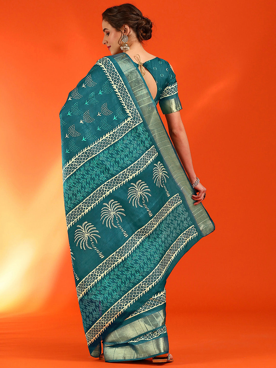 Cotton Silk Blue Printed Designer Saree With Blouse