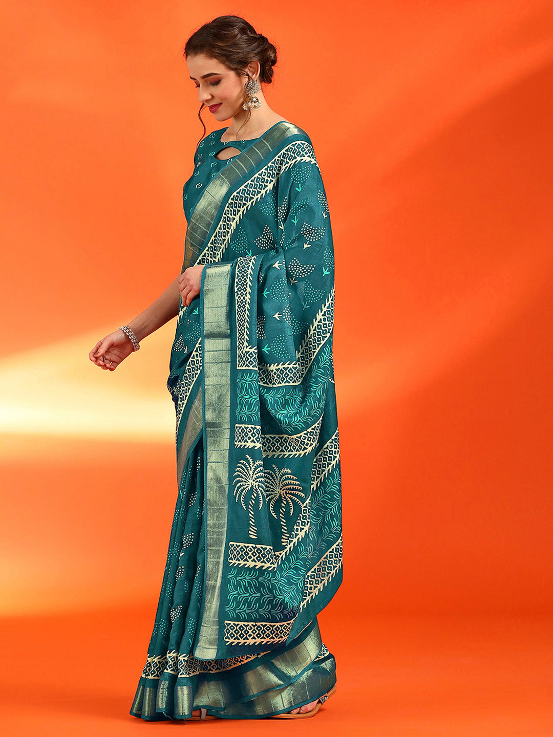 Cotton Silk Blue Printed Designer Saree With Blouse