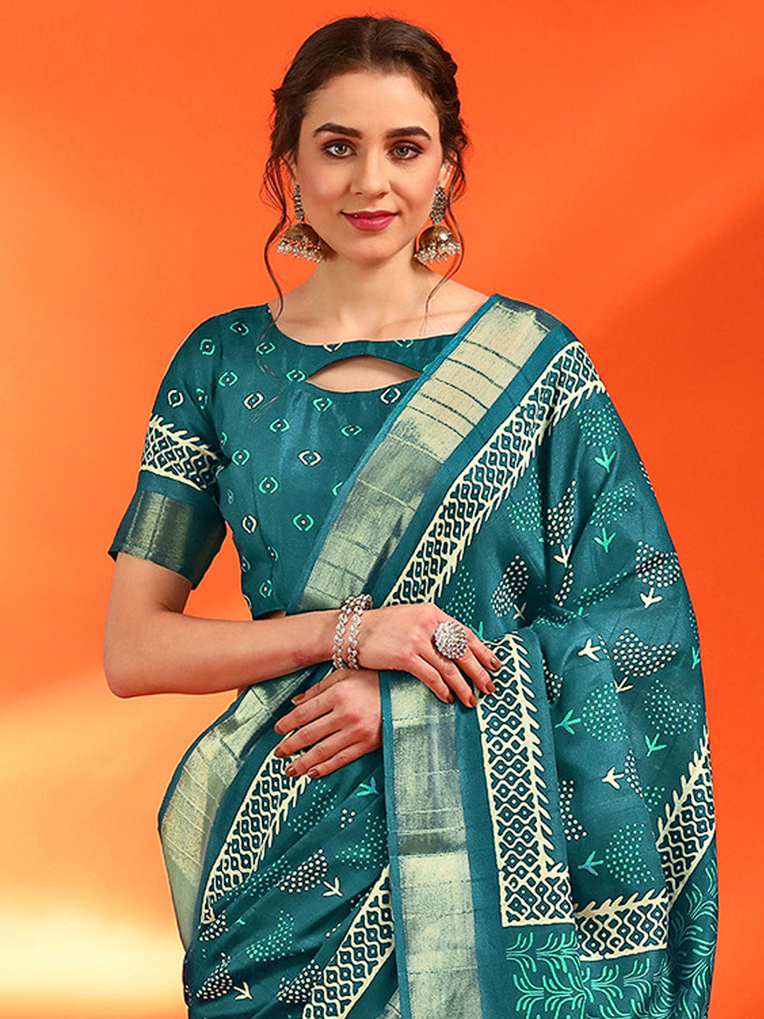 Cotton Silk Blue Printed Designer Saree With Blouse