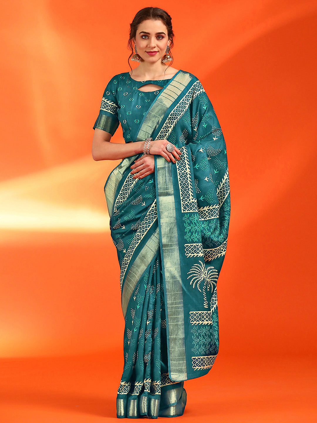 Cotton Silk Blue Printed Designer Saree With Blouse