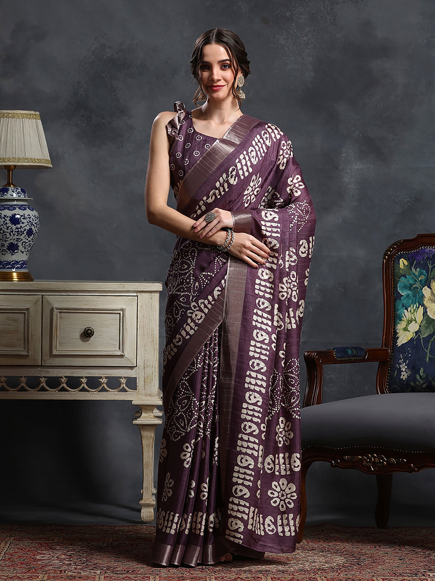 Silk Blend Purple Printed Designer Saree With Blouse