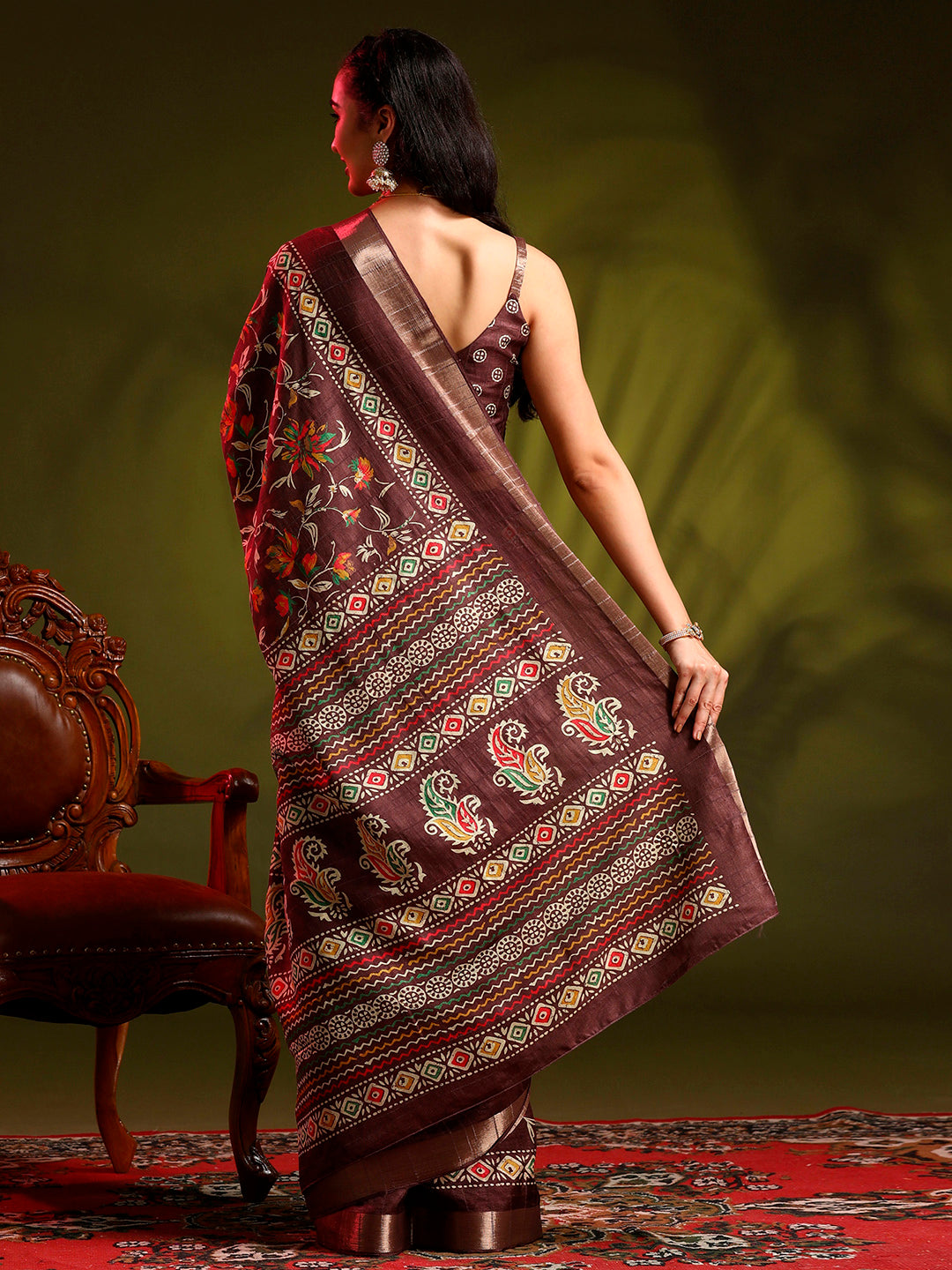 Silk Blend Coffee Brown Printed Designer Saree With Blouse