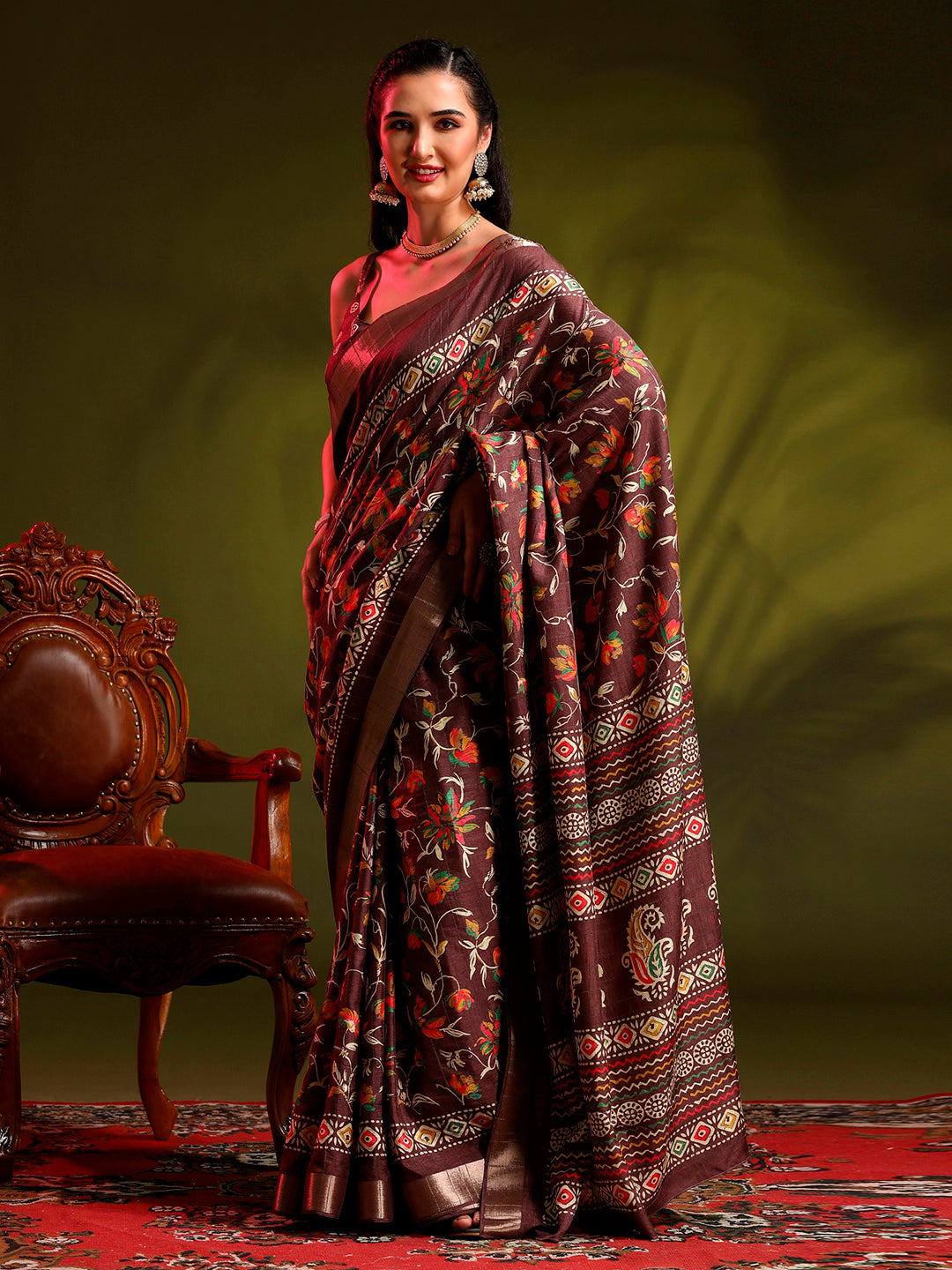 Silk Blend Coffee Brown Printed Designer Saree With Blouse